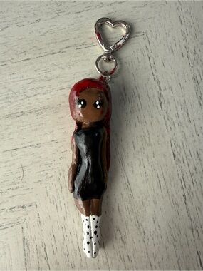 Handmade Doll Keychain with Red Hair and Black Dress